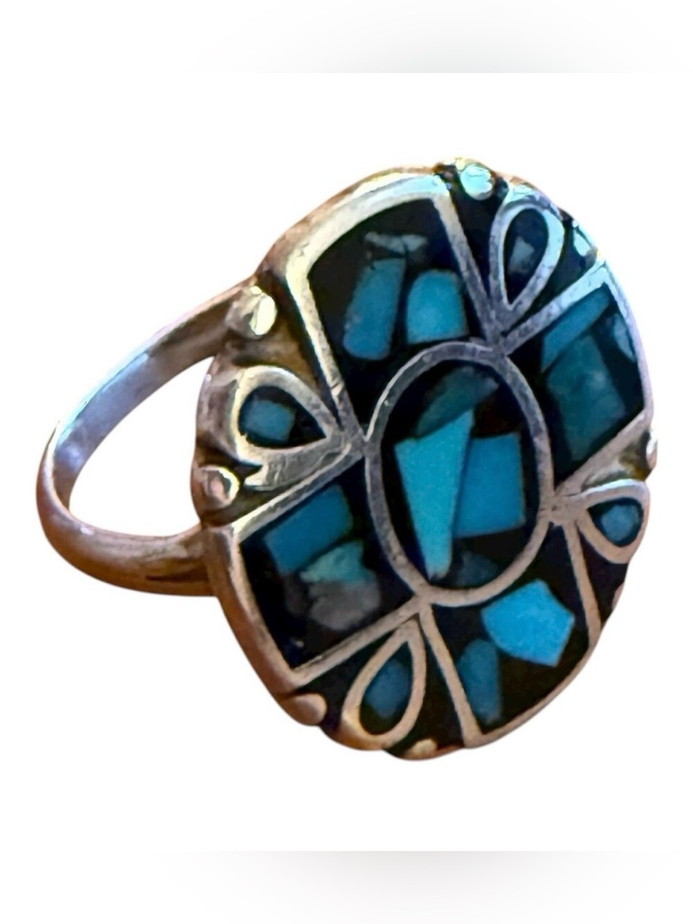 Vintage Mexican Ring Turquoise Inlay Sterling Silver Size 6.5 Stamped 186